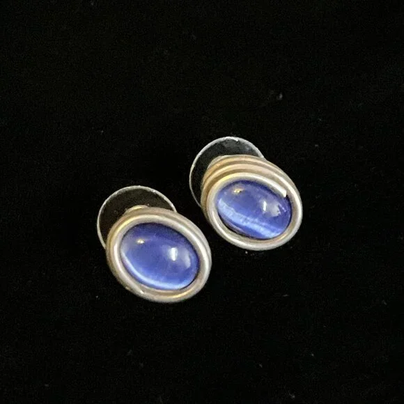 Vintage Modernist Sterling Silver Blue Cat's Eye Stud Earrings Oval Cabochon - Picture 3 of 10